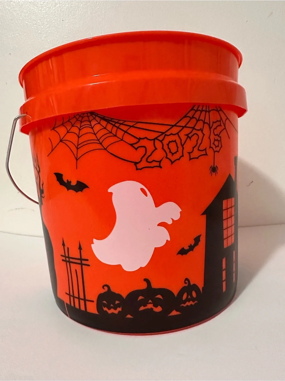Orange Halloween Candy Bucket with Haunted House Design